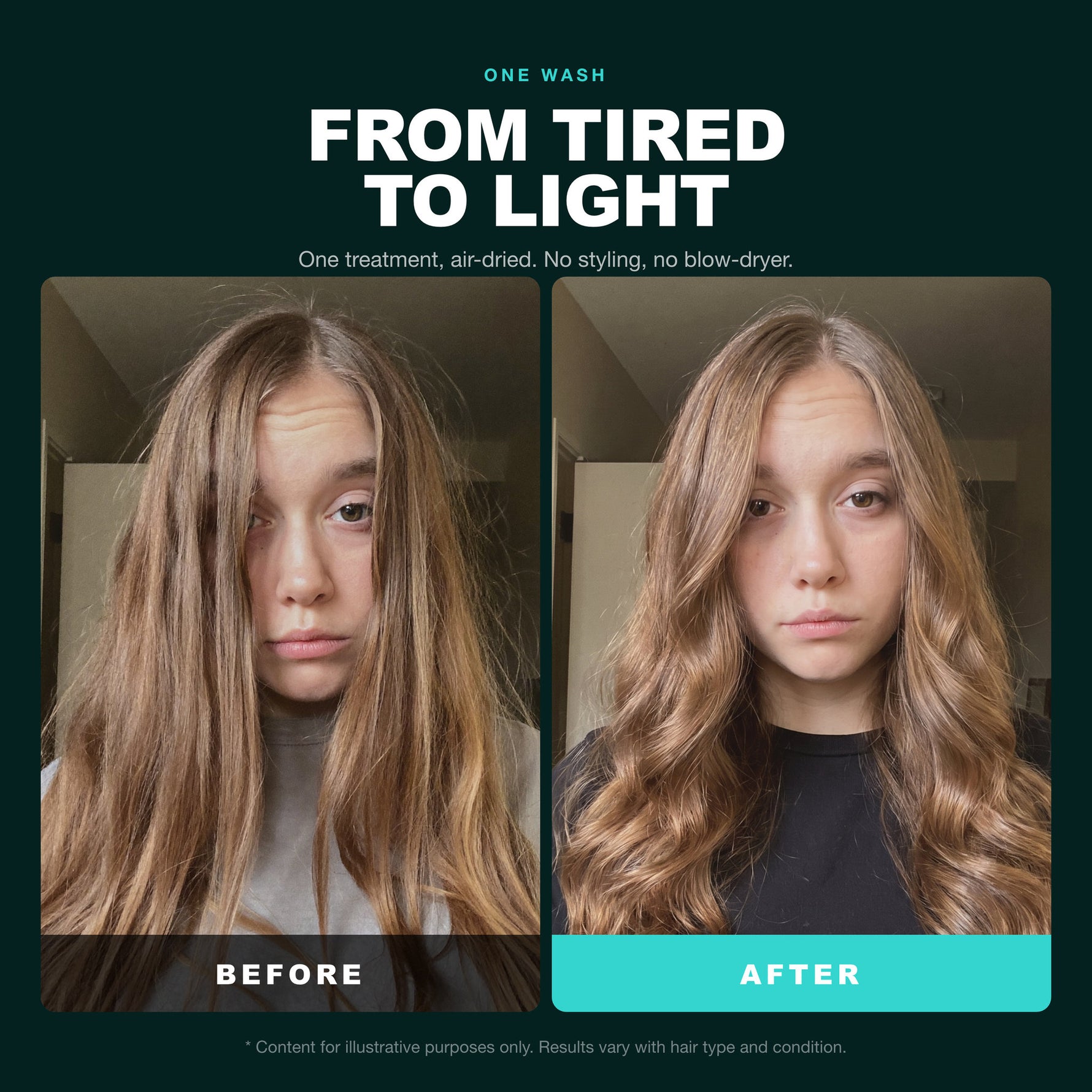 Morfose Quinoa & Hemp Hair Mask before and after: hair before styling and the finished look