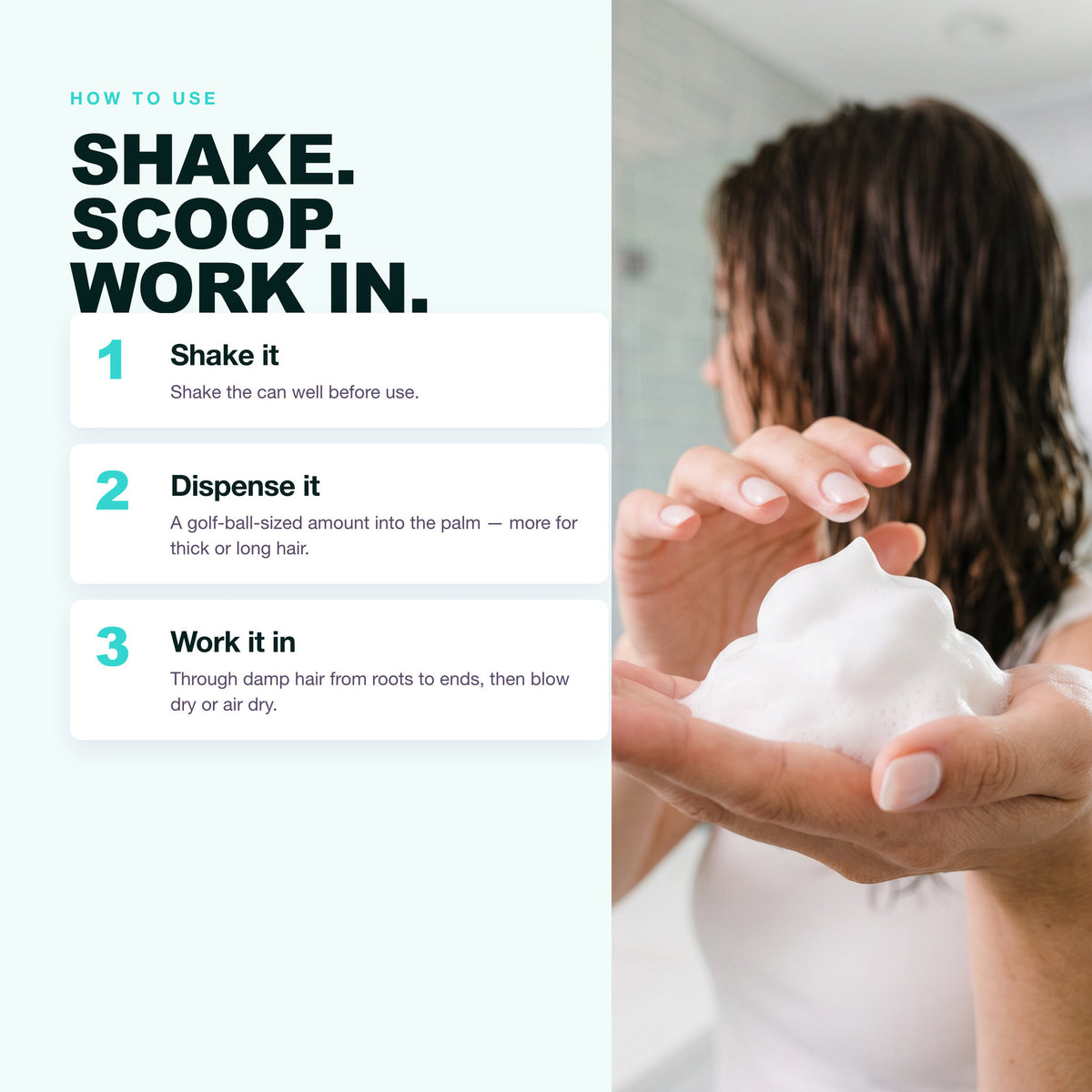 How to use Morfose Quinoa and Hemp Hair Mousse: shake, dispense, work