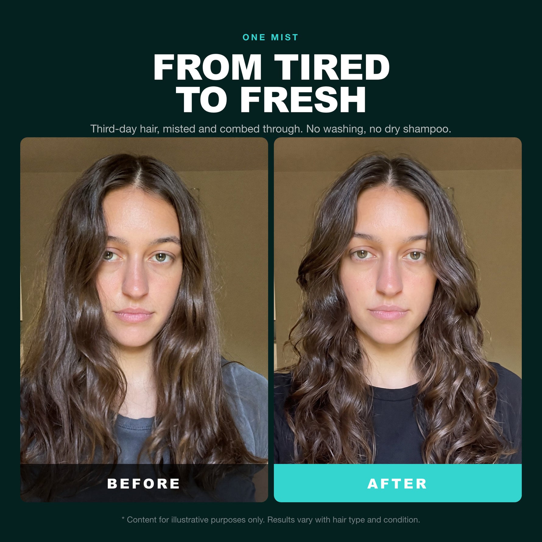 Morfose Quinoa & Hemp Hair Perfume before and after: hair before styling and the finished look