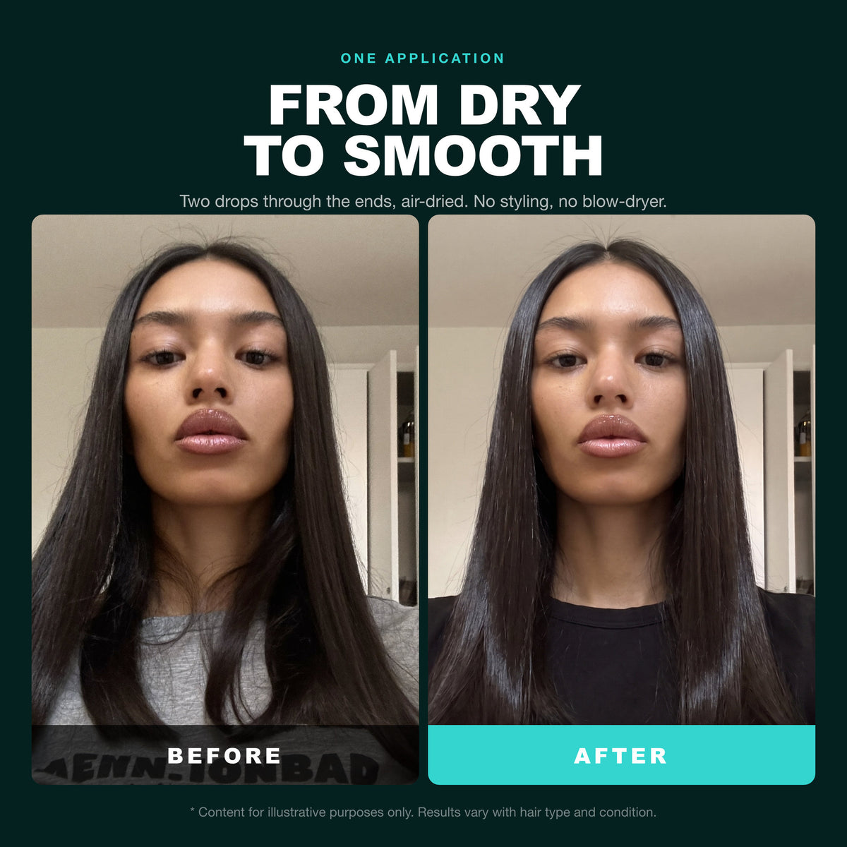 Morfose Quinoa & Hemp Hair Serum before and after: hair before styling and the finished look