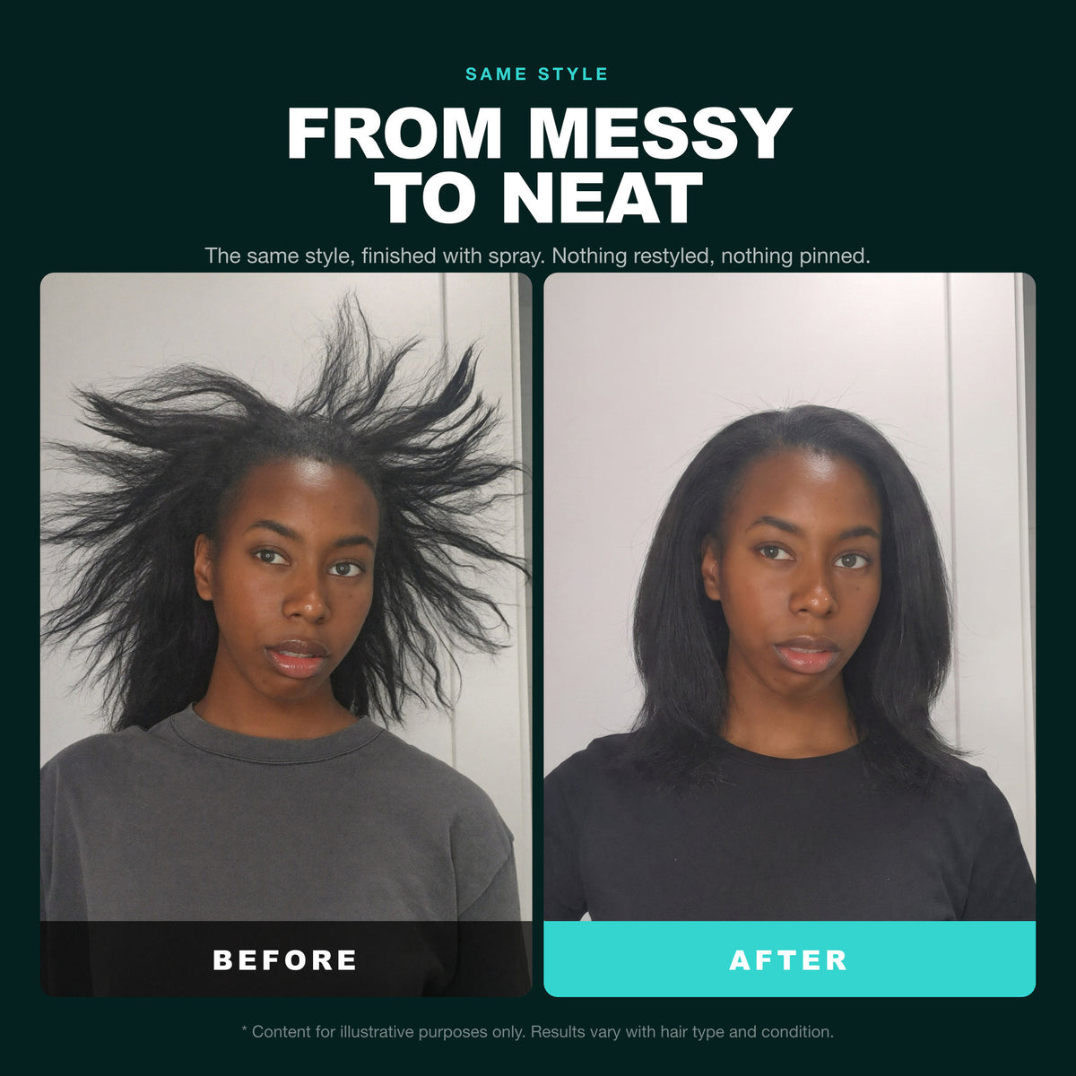 Morfose Quinoa & Hemp Hair Spray before and after: hair before styling and the finished look