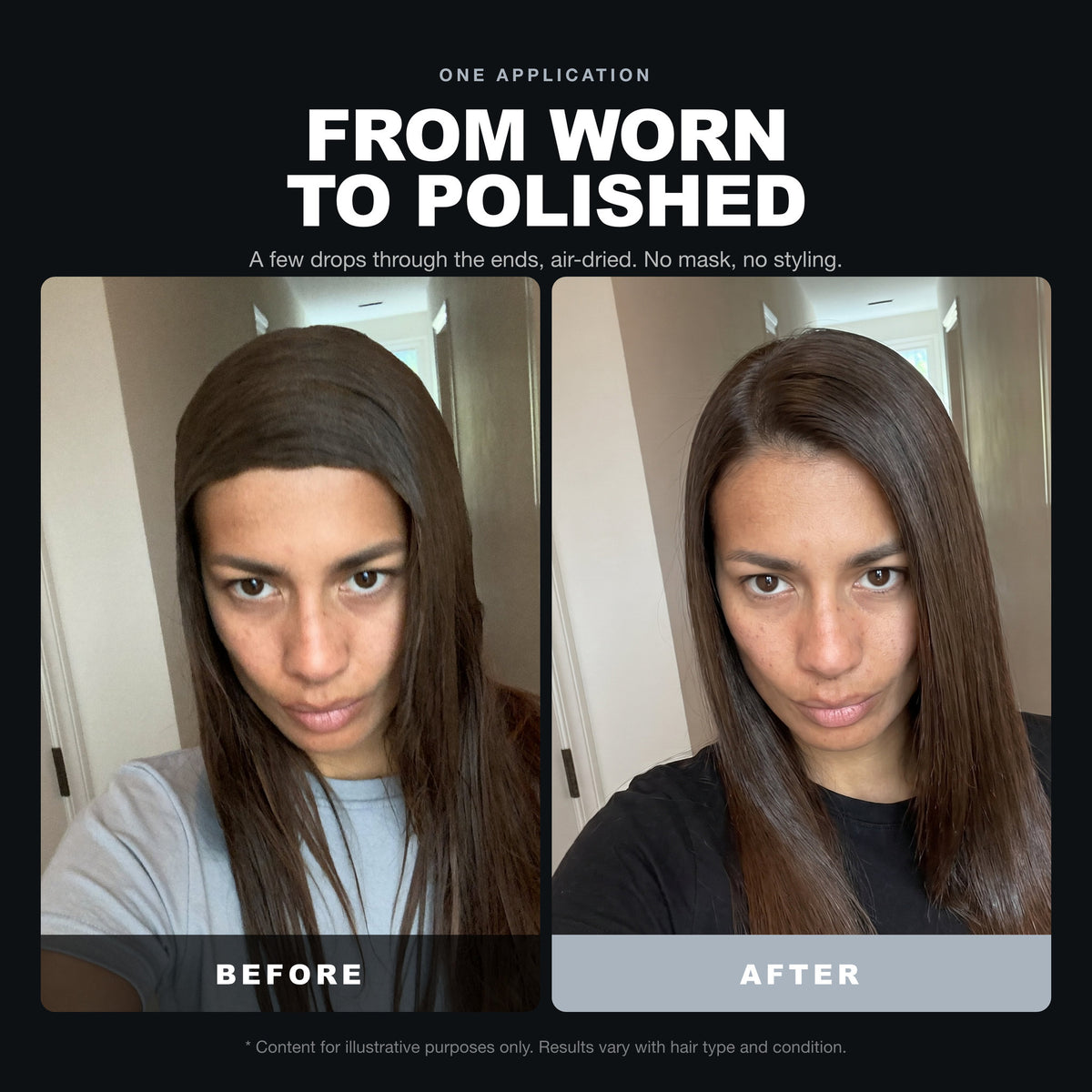 Morfose Smart Keratin Hair Oil before and after: hair before styling and the finished look