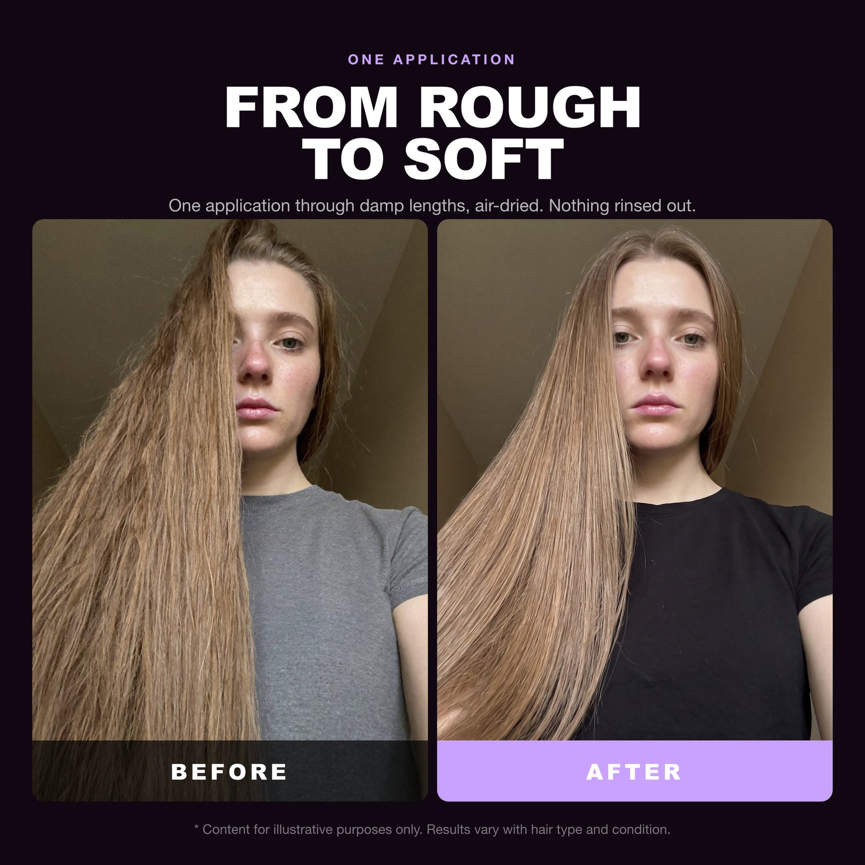 Morfose Supreme Hair Milk Conditioner before and after: hair before styling and the finished look