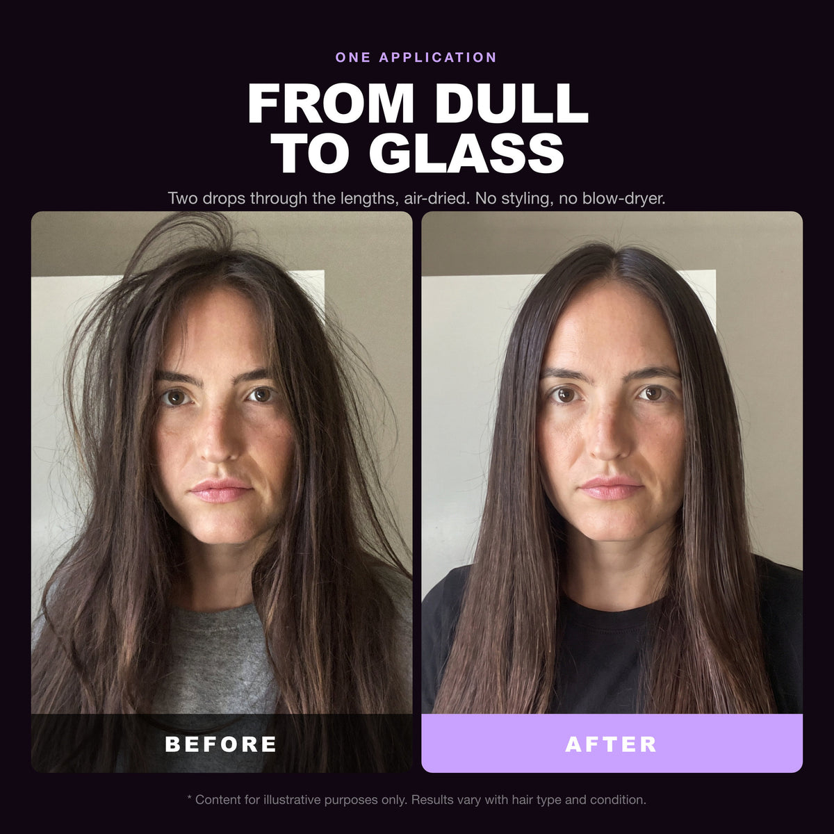 Morfose Supreme Hair Serum before and after: hair before styling and the finished look
