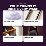 Morfose Supreme shampoo benefits: Rich, Dense Lather, Four Actives, One Bottle, Combs Out Easier