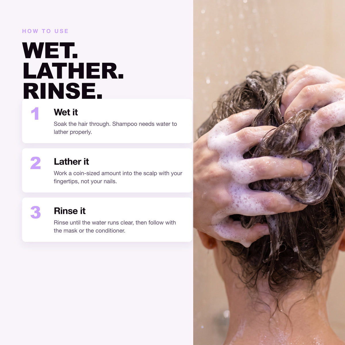 How to use Morfose Supreme shampoo: wet, lather, rinse