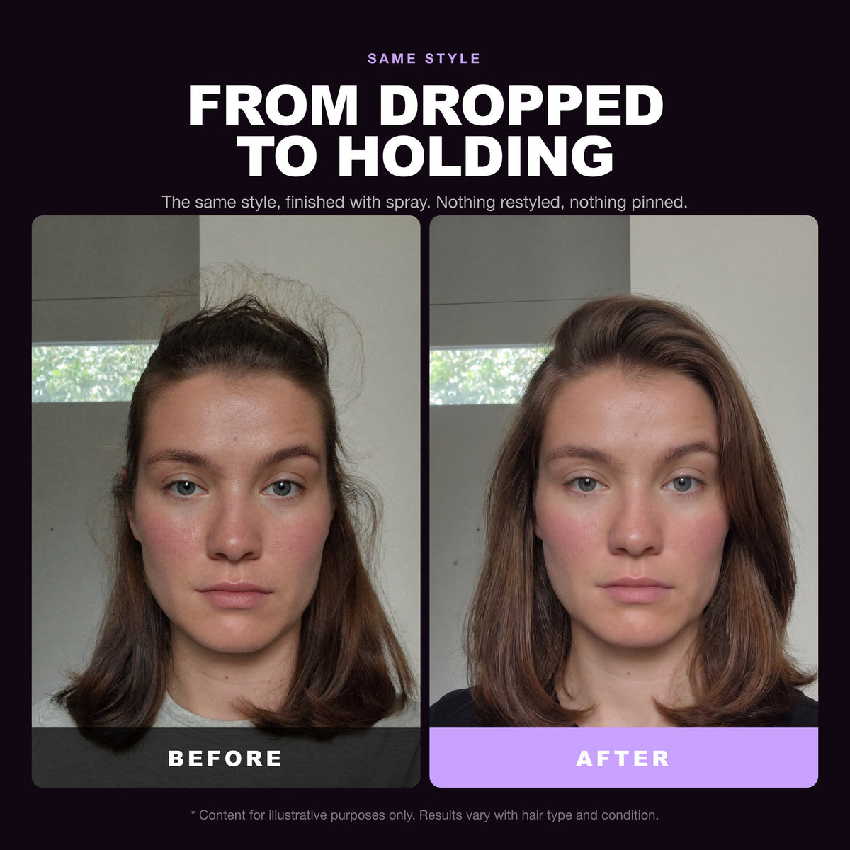 Morfose Supreme Hair Spray before and after: hair before styling and the finished look