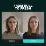 Morfose Two Phase Conditioner Quinoa & Hemp before and after: hair before styling and the finished look