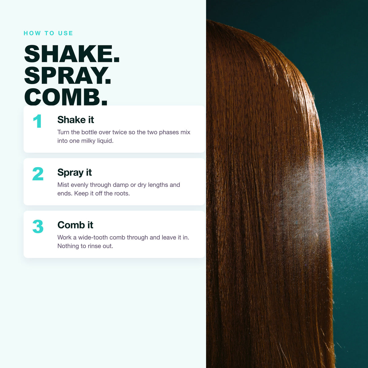 How to use Morfose Quinoa and Hemp leave-in: shake, spray, comb