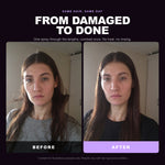 Morfose Two Phase Conditioner Supreme before and after: hair before styling and the finished look