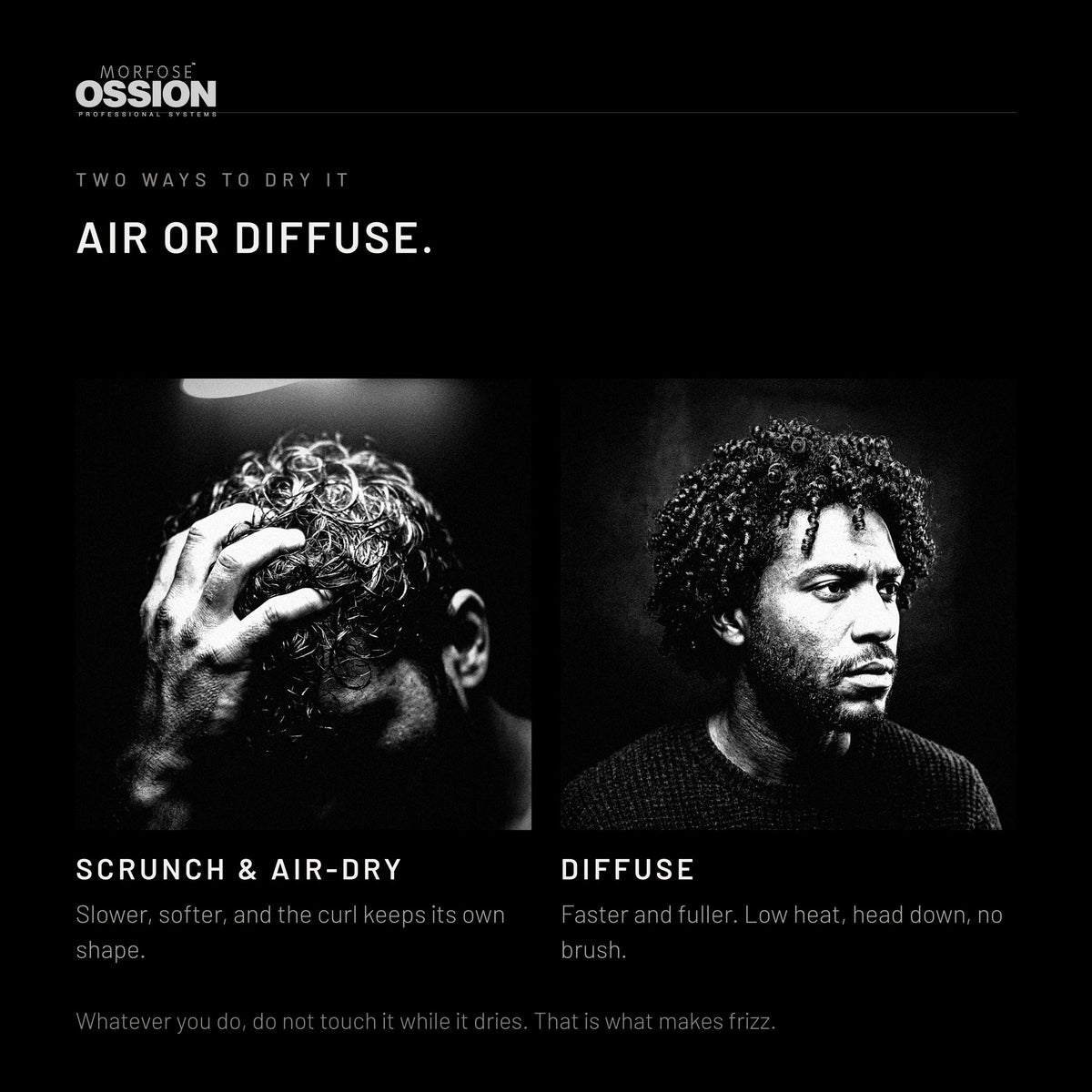 Ossion Curl Mousse dried two ways: scrunched and air-dried, or diffused