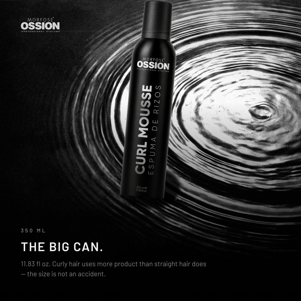 Ossion Curl Mousse can resting on rippling water