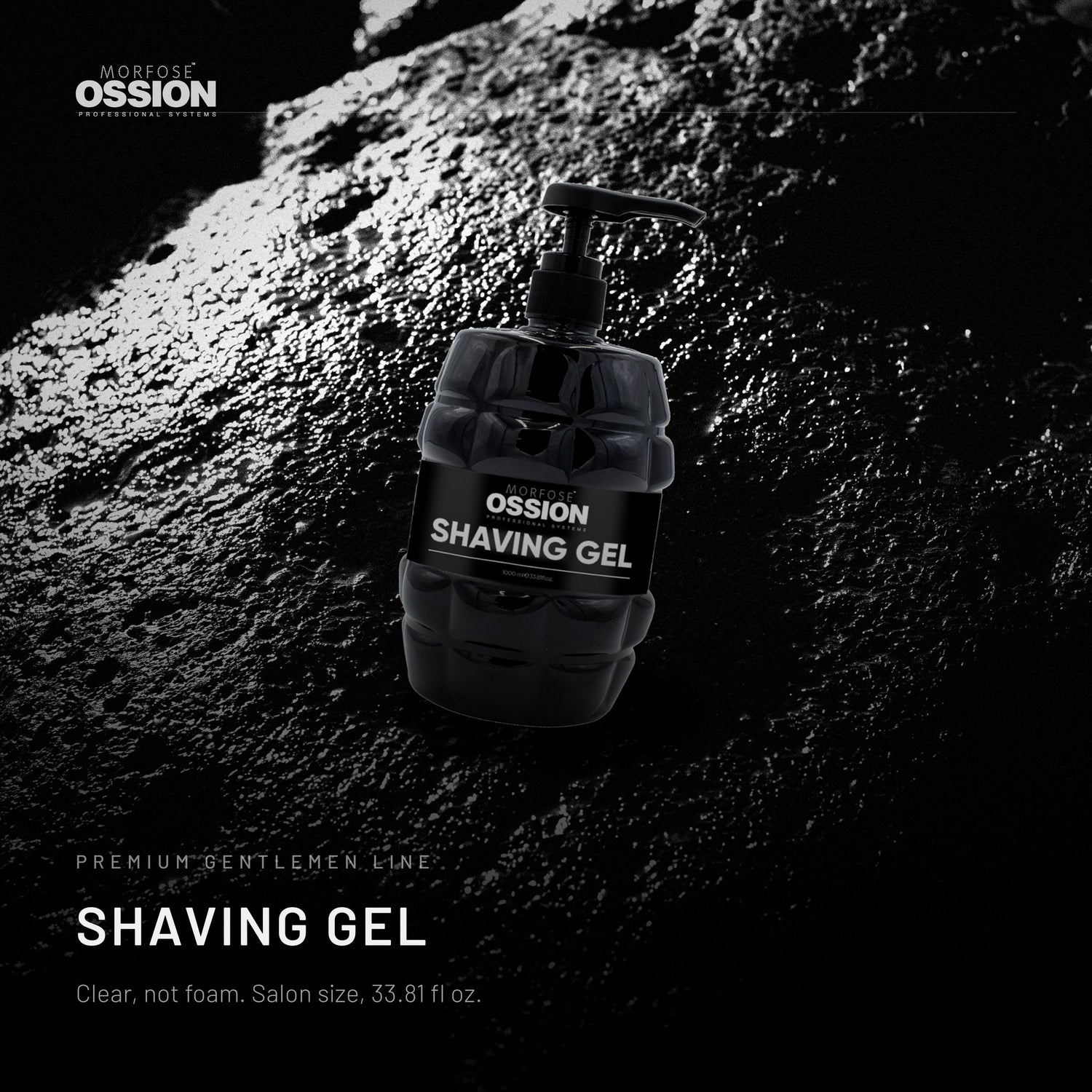 Ossion Shaving Gel bottle on wet black stone, lit from one side