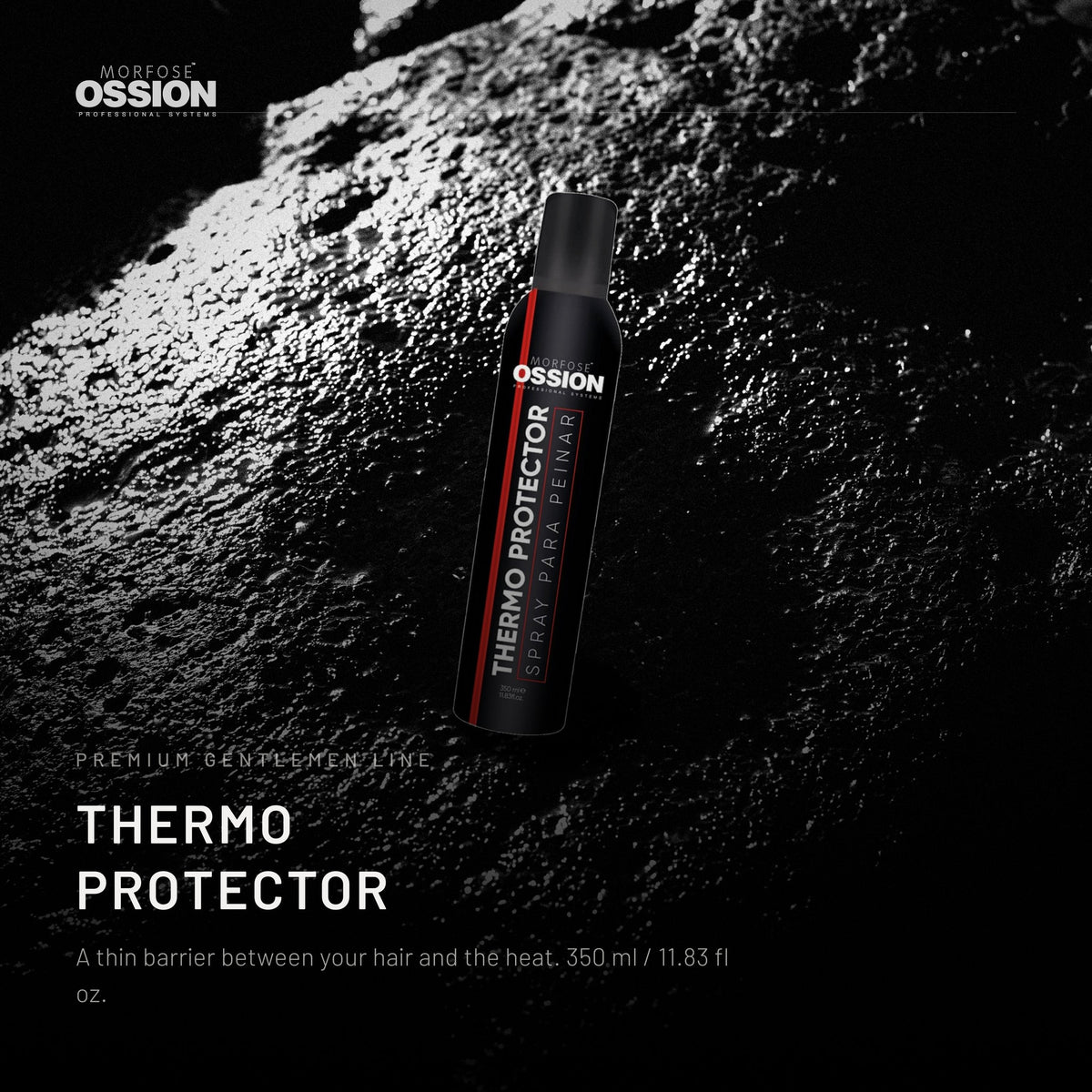 Ossion Thermo Protector can on wet black stone, lit from one side