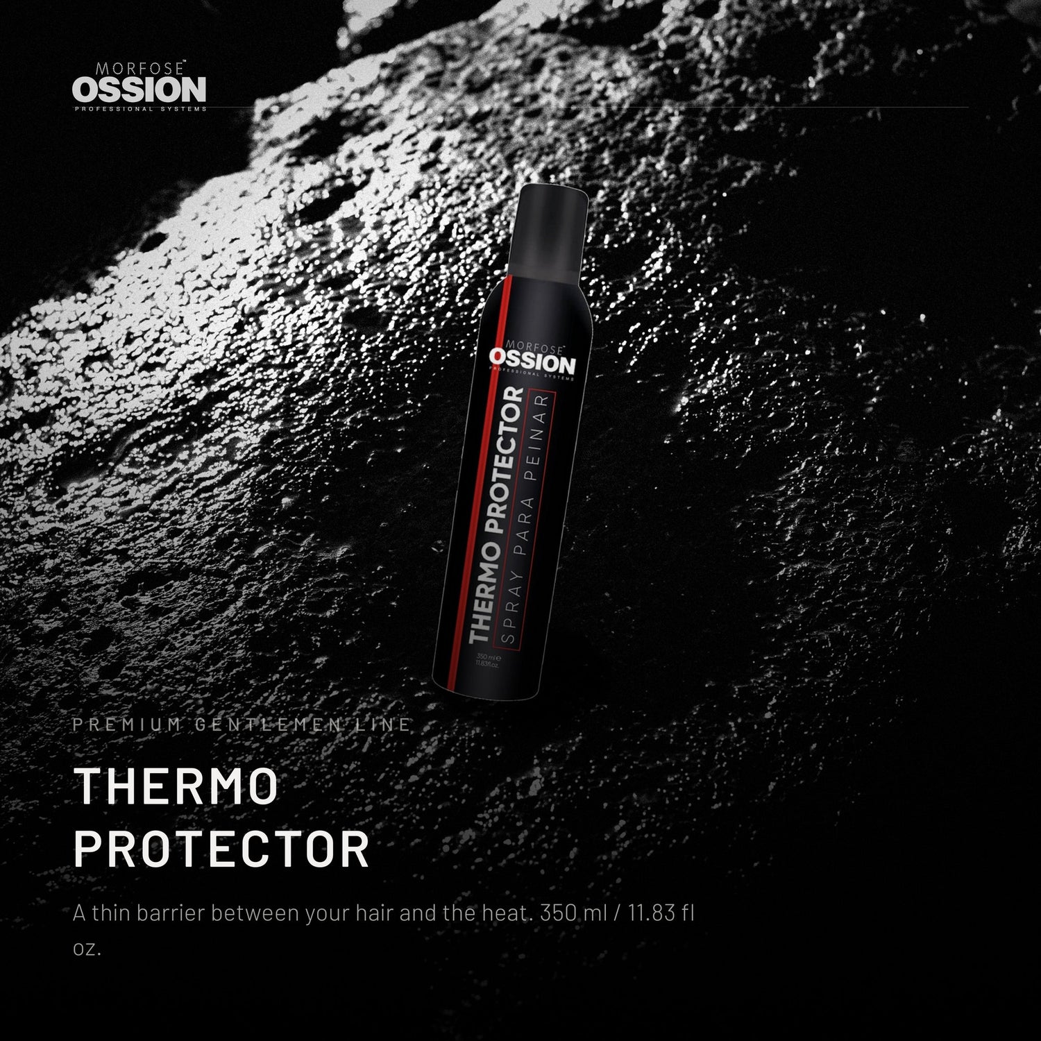 Ossion Thermo Protector can on wet black stone, lit from one side