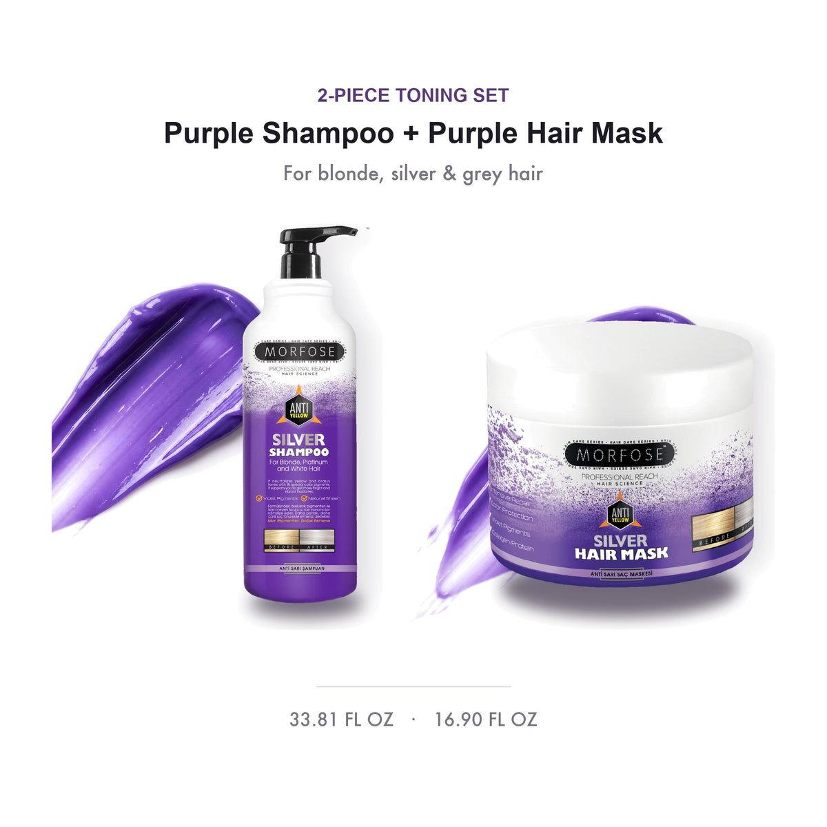 Morfose Purple Rescue Duo - purple shampoo and purple hair mask set for blonde, silver and grey hair