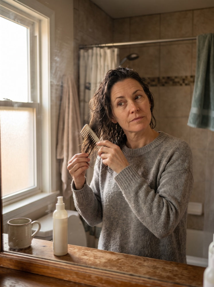 Combing through wet hair at the mirror