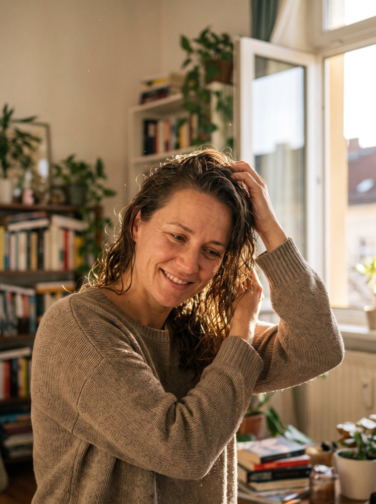 Air-drying wavy hair by the window