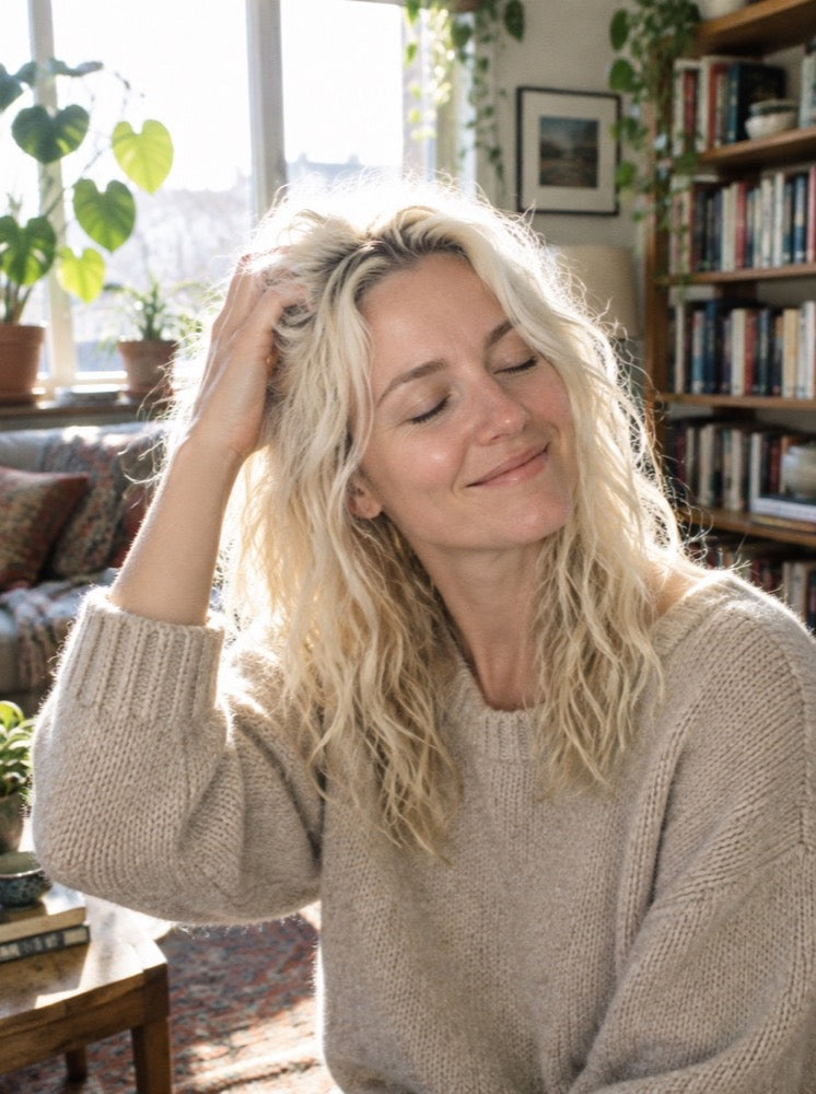 Air-drying blonde waves by the window